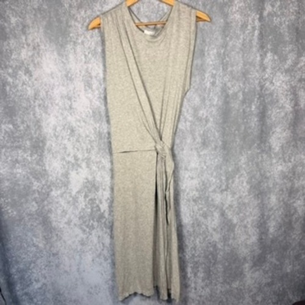 Kinly Wrap Side Tie Midi Dress Women Large Gray Sleeveless Ribbed Knit Heathered